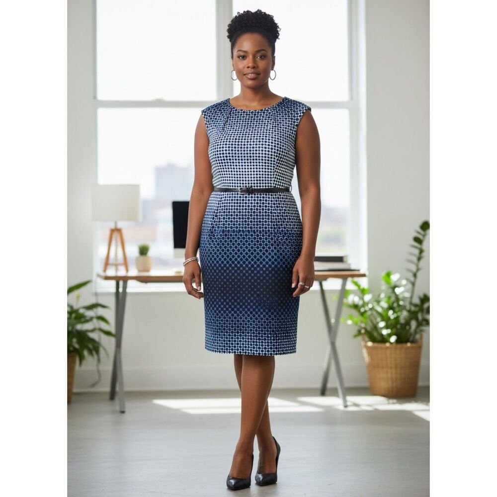 ILE New York Womens Blue Black Ombre Dot Sheath‎ Dress Cap Sleeve
